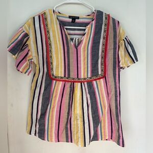 Thread Story Tribal Patterned Pink Multicolor Striped V-Neck Top Size Medium EUC